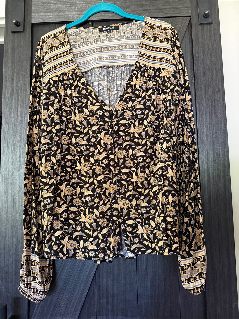 Rip Curl Black and Gold Floral V-Neck Blouse